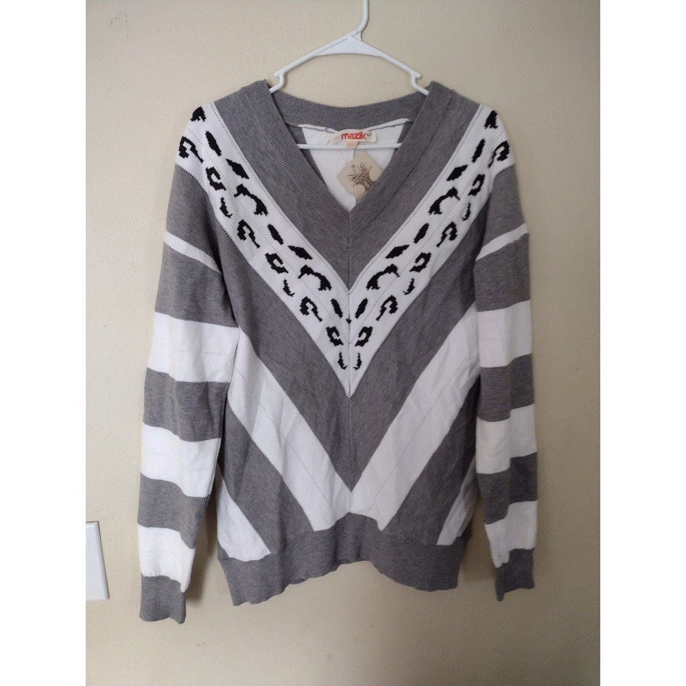 Mazik Womens L V Neck Chevron Stripe Leopard Print Sweater‎ Pullover